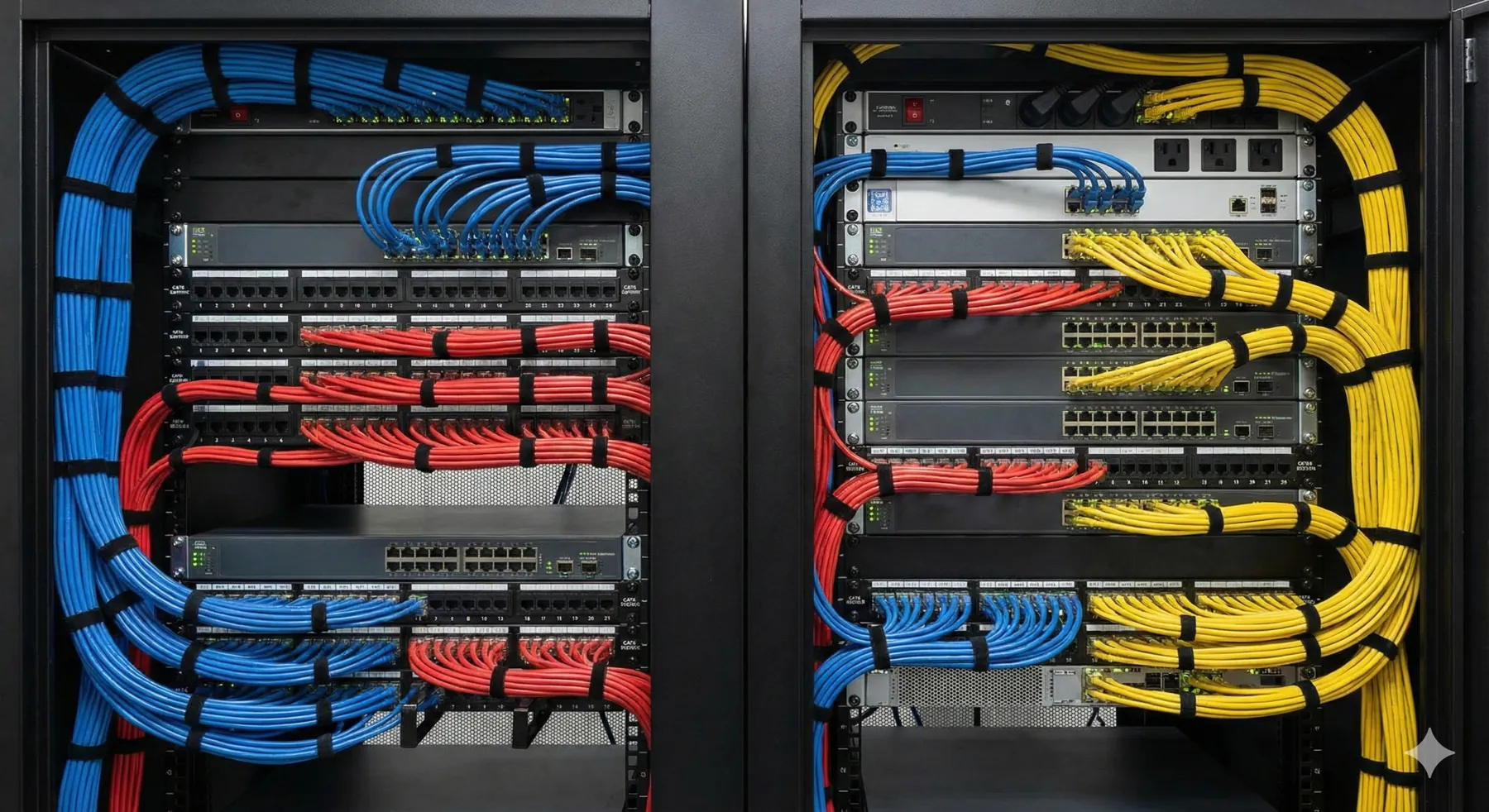 A carefully organised residential network cabinet