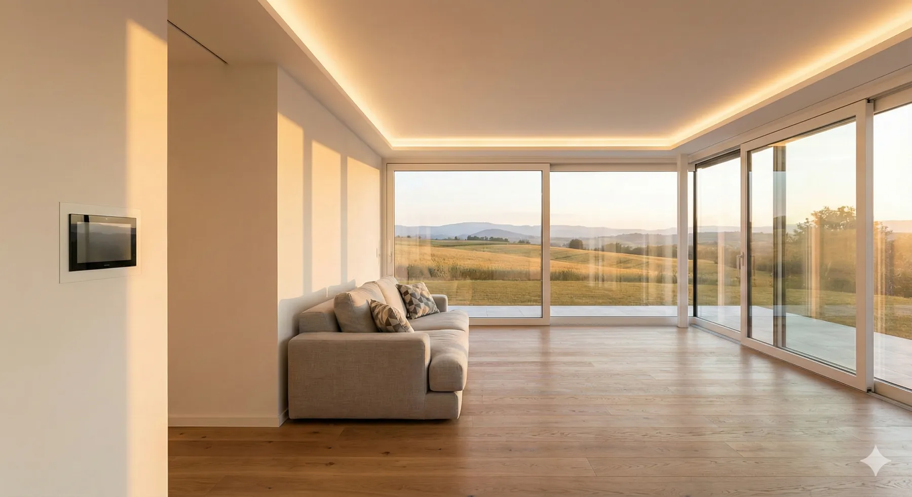 A bright living room with wide glazing and concealed lighting
