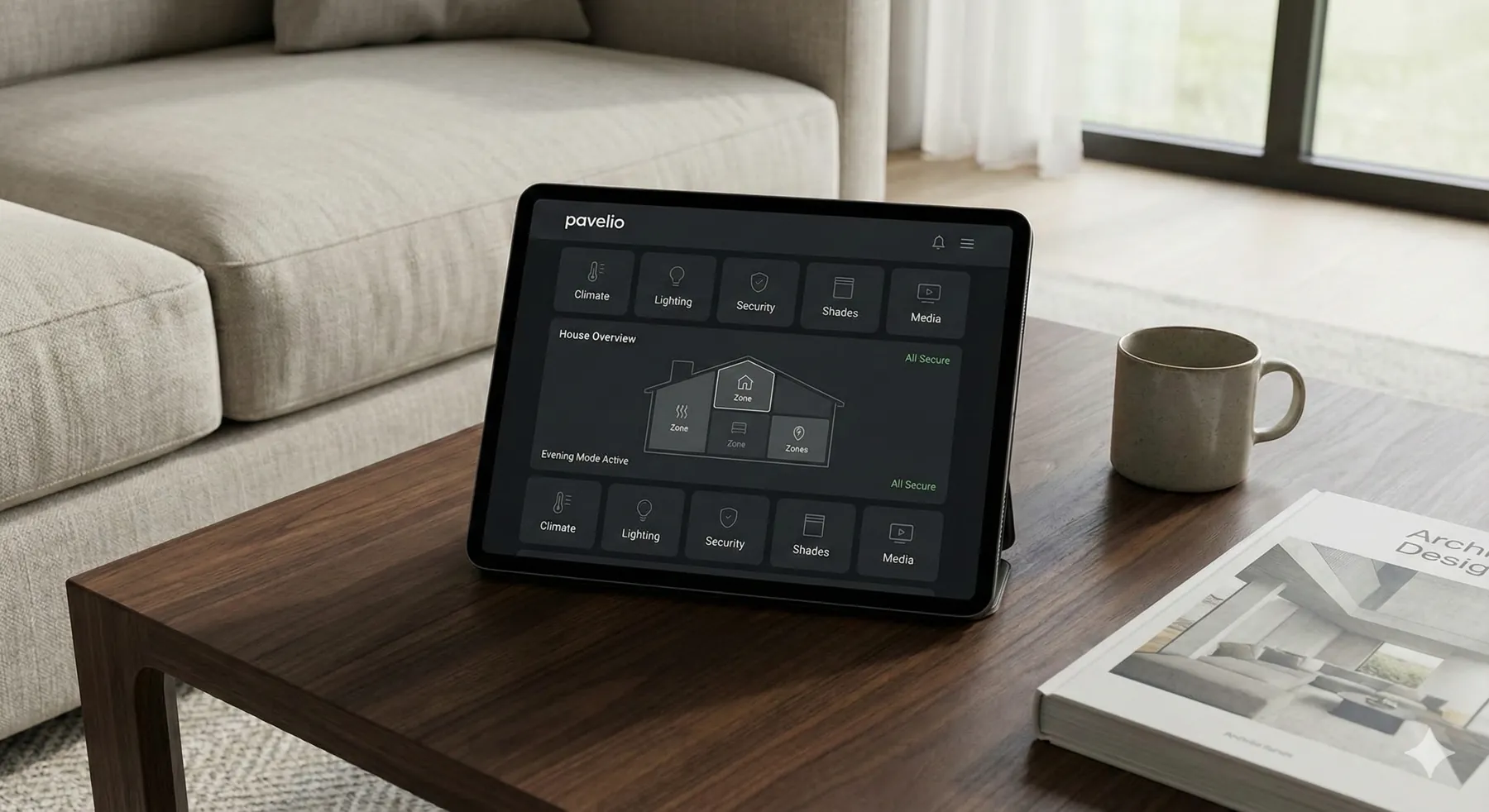 A unified smart home dashboard displayed on a tablet