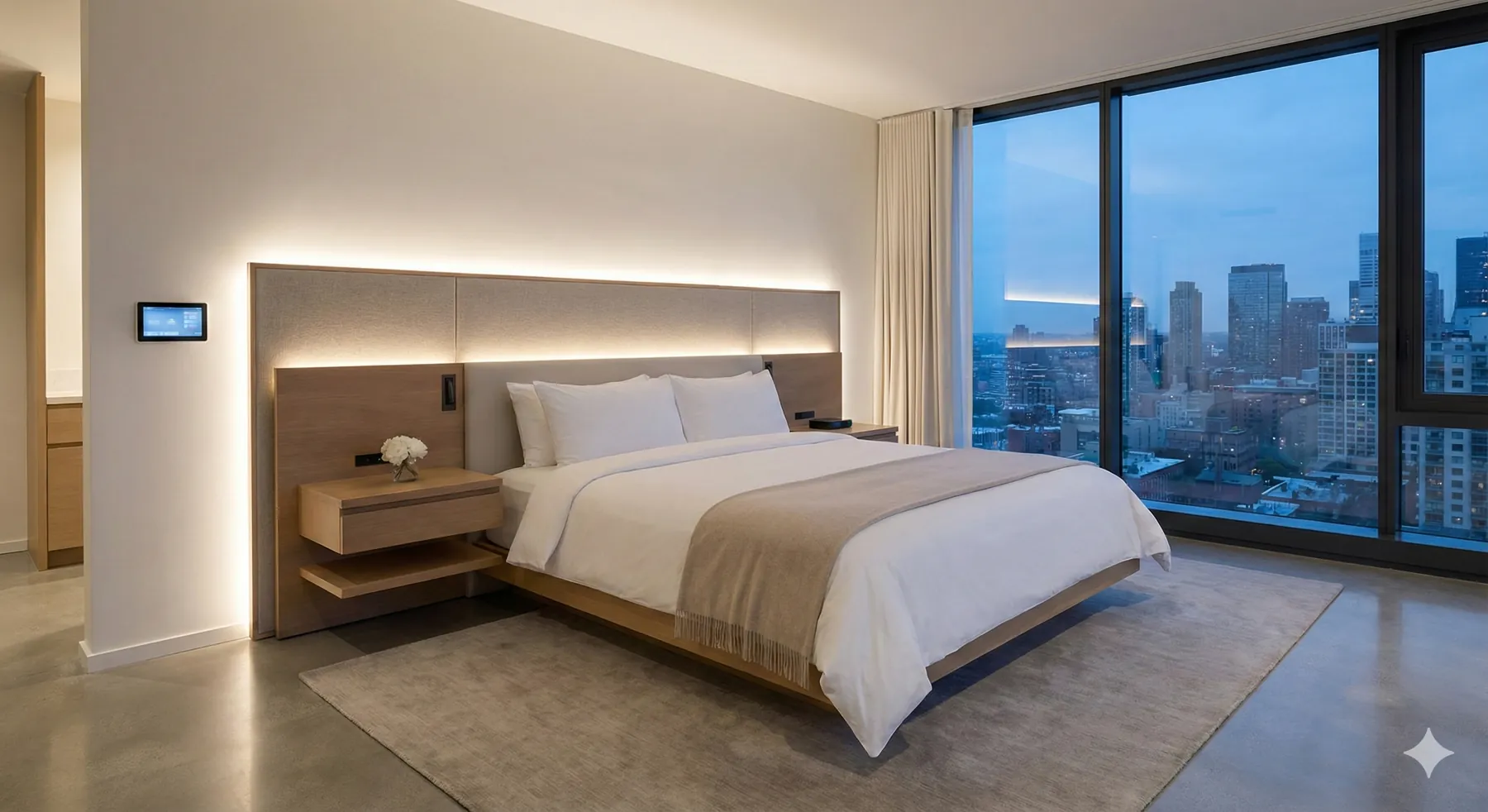A calm bedroom with integrated ambient lighting