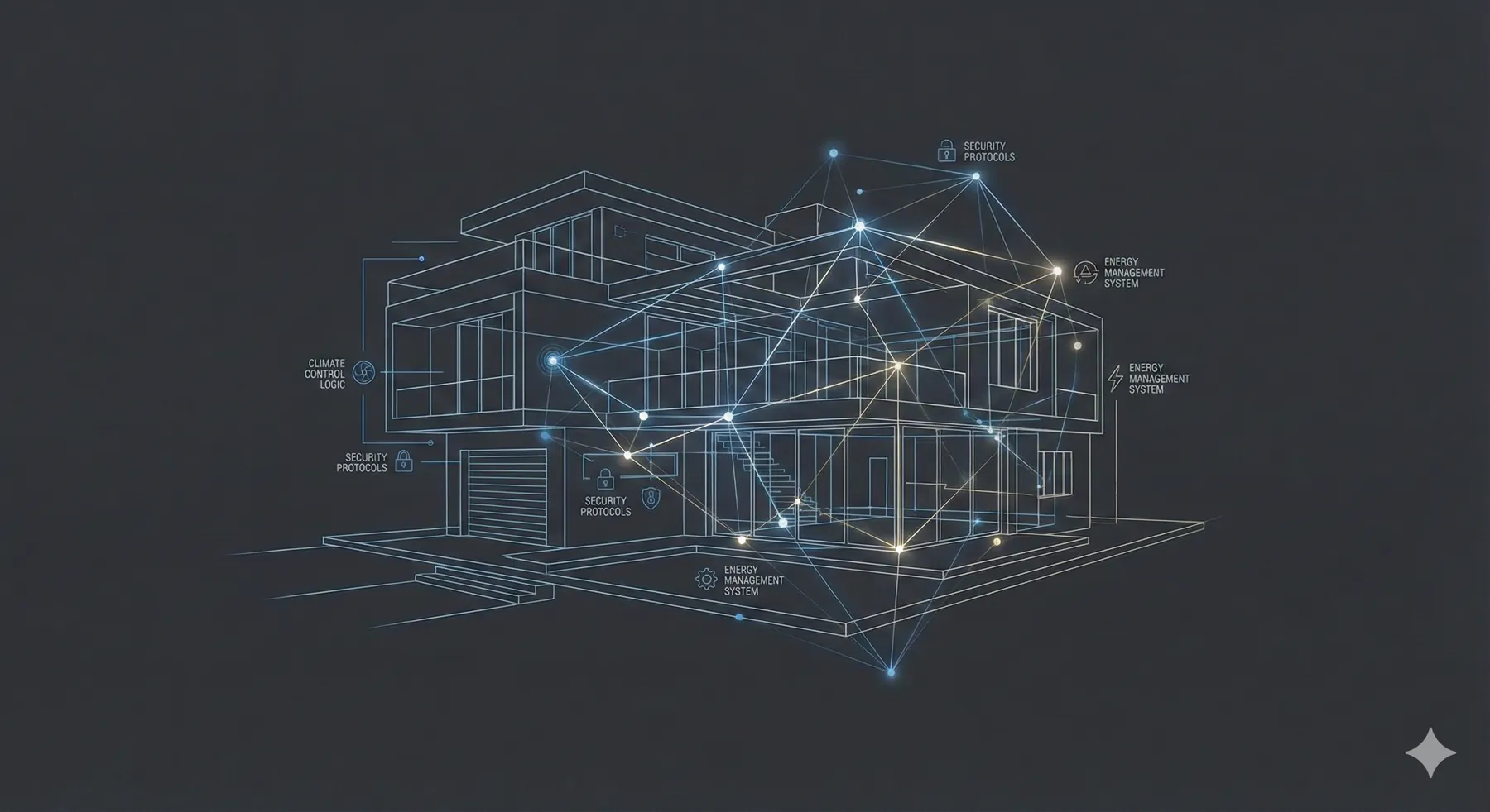 A technical visualisation of connected systems throughout a home